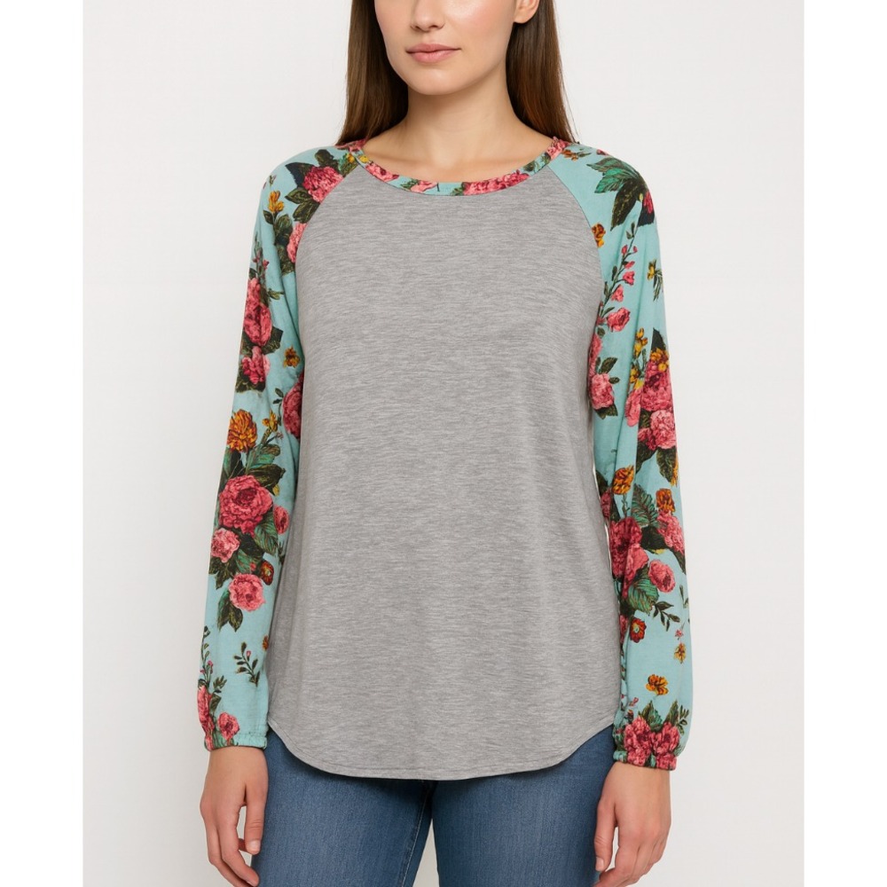 Matilda Jane Wonderment Blossom Time Tee Size Large Raglan Top Floral Solid